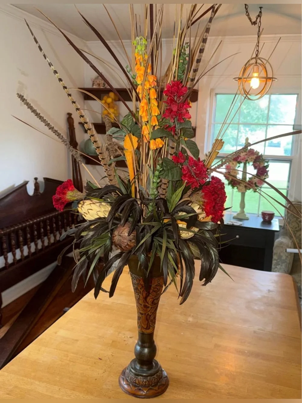 Decorative Tall Floral Arrangement in Red, Orange, Green and Brown